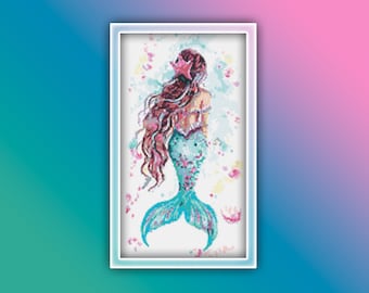 Zeemeermin kruissteekpatroon 3 Instant pdf-download - zeemeermin aquarel kruissteek - paars haar zeemeermin voor kinderkamer