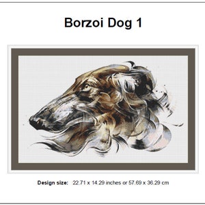 Op de afbeelding: Een gestileerde illustratie van een Borzoi-hondenkop in tinten bruin, zwart en wit. De kop van de hond is afgebeeld in een dynamische pose, met zijn vacht die in de wind waait. De afmeting van het ontwerp is 57,69 x 36,29 cm.