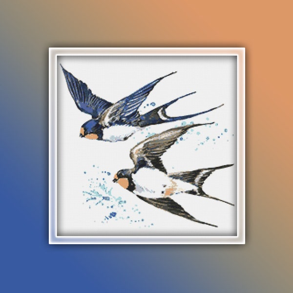 Swallows Cross Stitch Pattern 2 Instant PDF Download - Swallow Watercolor Cross Stitch Pattern - Bird Cross Stitch Pattern