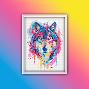May include: A colourful watercolour painting of a wolf's head. The wolf is depicted in shades of blue, pink, and yellow, with splashes of paint around its head.