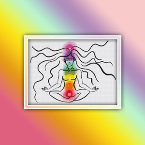 May include: A line drawing of a person in a yoga pose with their eyes closed. The person has seven colorful chakras along their torso, representing the seven energy centers of the body.
