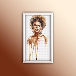 May include: A digital painting of a woman with brown skin and curly brown hair. She is wearing large gold earrings and has a soft, dreamy expression. The painting is done in a watercolour style, with brown and pink hues.