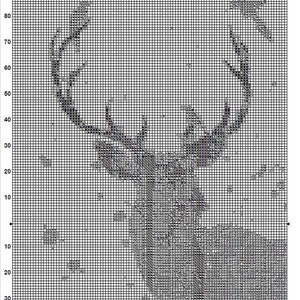 Peut inclure: Un motif de pixel art en noir et blanc d'une t&ecirc;te de cerf avec des bois. Le motif est sur un fond de grille blanche.