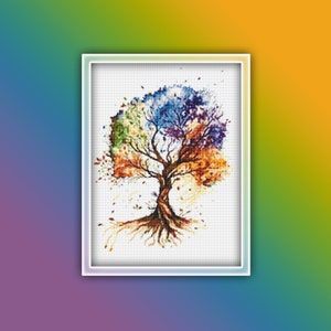 May include: A watercolor painting of a tree with four different colored sections representing the four seasons. The tree is rooted in the ground and has leaves in shades of green, blue, purple, and orange.