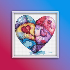 May include: A colorful cross-stitch heart design. The heart is composed of various patchwork sections in shades of blue, pink, yellow, and purple. Each section features a small heart or cloud motif. The design is framed in a white border.