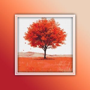 May include: A single, bright orange tree stands in a field of orange grass. The tree has a thick canopy of leaves and a thin trunk. The background is a white sky.