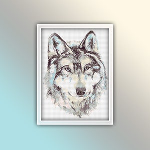 May include: A close-up of a wolf's face, drawn in black and white with subtle blue and brown accents. The wolf's eyes are looking directly at the viewer.