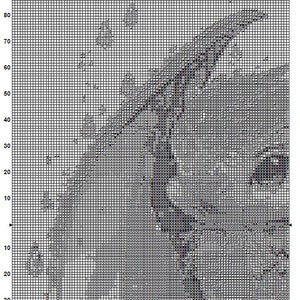 May include: A black and white pixel art pattern of a dragon. The dragon is facing the right side of the image. The pattern is on a white background.