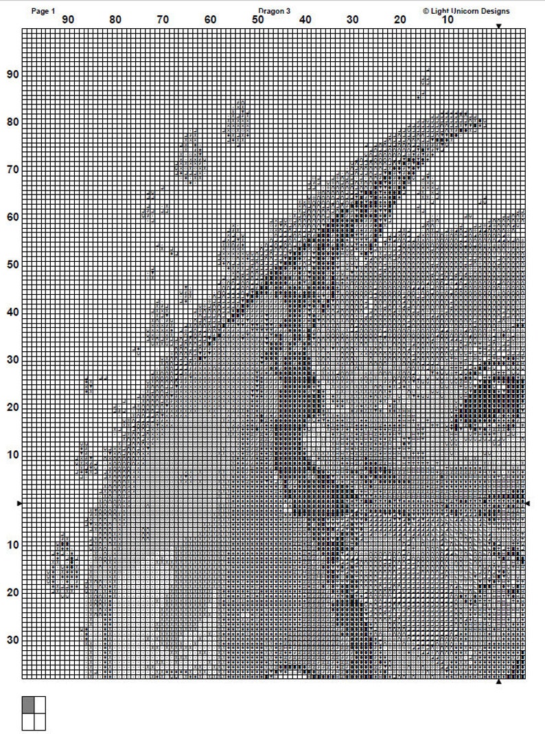May include: A black and white pixel art pattern of a dragon. The dragon is facing the right side of the image. The pattern is on a white background.