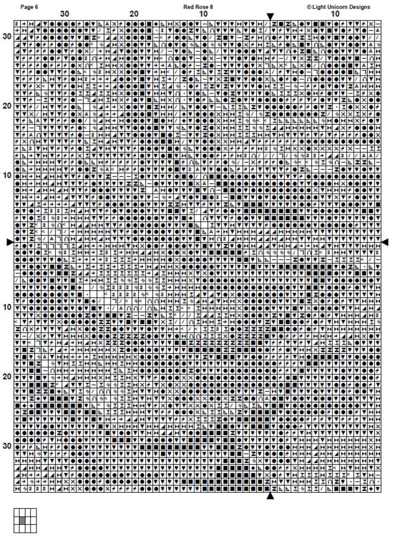 K&ouml;nnte beinhalten: Ein schwarz-wei&szlig;es Kreuzstichmuster f&uuml;r eine rote Rose. Das Muster befindet sich auf einem Gitter mit Zahlen und Buchstaben als Referenz. Das Muster enth&auml;lt eine Vielzahl von Stichen, darunter X, V und O.