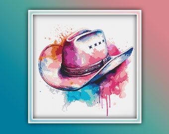Cowboy Hat Cross Stitch Pattern 2 Instant PDF Download - Sheriff Hat Watercolor Cross Stitch Pattern - White Cowboy Hat - White Hat