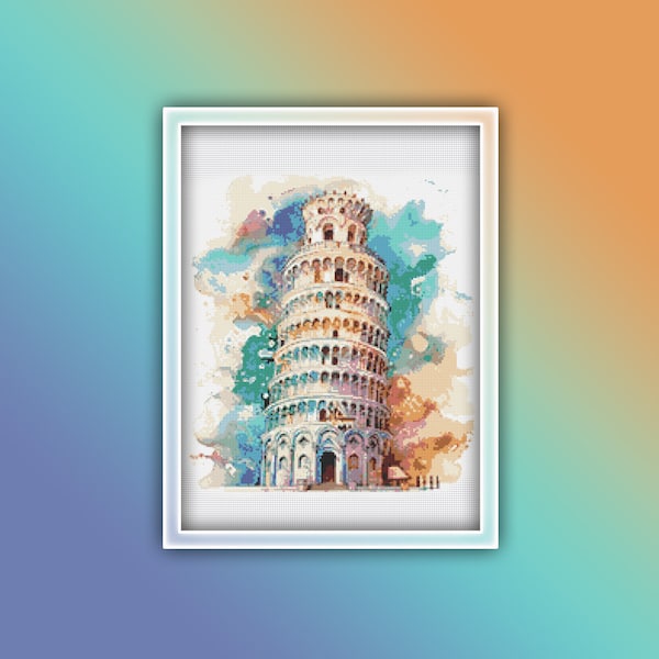 Pisa Tower Cross Stitch Pattern 1 Instant PDF Download - Leaning Tower of Pisa Watercolor Cross Stitch - Italy Cathedral - Architecture