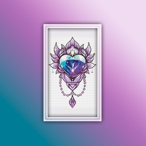 May include: A purple and blue heart-shaped gem with a floral design and a chain of beads hanging from it.