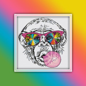 Cool Chimpanzee Cross Stitch Pattern 1 Instant PDF Download - Bubblegum Cross Stitch Pattern - Chimpanzee Cross Stitch Pattern