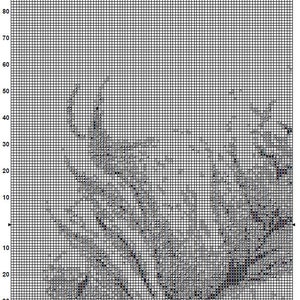 May include: Black and white cross stitch pattern of a floral design. The pattern is on a grid with numbers along the top and side. The pattern is for a cross stitch project.