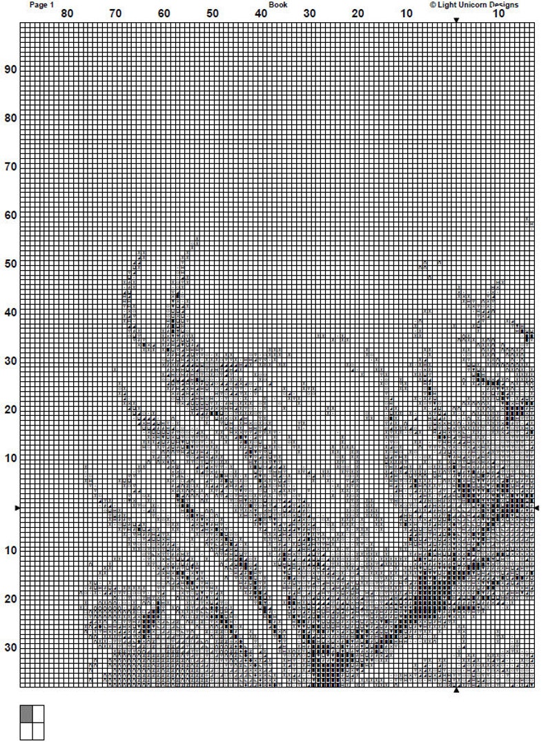 May include: Black and white cross stitch pattern of a floral design. The pattern is on a grid with numbers along the top and side. The pattern is for a cross stitch project.