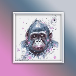 Gorilla Cross Stitch Pattern 3 Instant PDF Download - Baby Gorilla Watercolor Cross Stitch Pattern - Gorilla Infant Cross Stitch Pattern