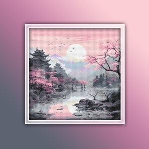 Japanese Landscape Cross Stitch Pattern 21 Instant PDF Download - Cherry Blossom Tree Watercolor Cross Stitch Pattern - Japan Cross Stitch