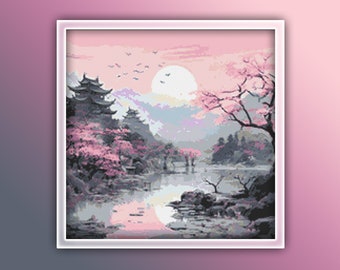 Japanese Landscape Cross Stitch Pattern 21 Instant PDF Download - Cherry Blossom Tree Watercolor Cross Stitch Pattern - Japan Cross Stitch