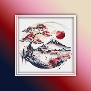 Japanese Landscape Cross Stitch Pattern 16 Instant PDF Download - Cherry Blossom Tree Watercolor Cross Stitch Pattern - Japan Cross Stitch