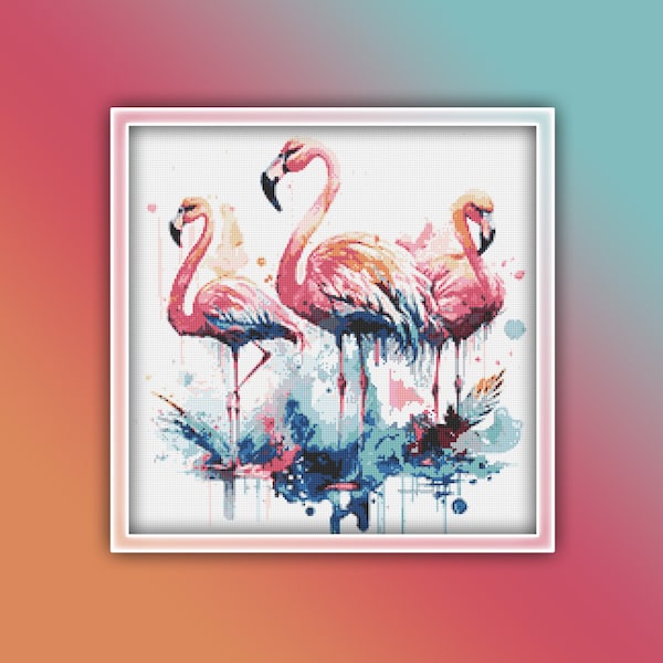 Flamant rose troupeau motif point de croix 1 Téléchargement instantané en PDF - flamant rose aquarelle motif point de croix - oiseau motif point de croix