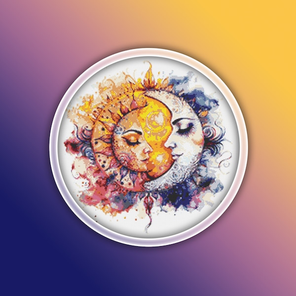 Sun and Moon Cross Stitch Pattern 1 Instant PDF Download | Moon Face with Sun Face Watercolor Cross Stitch Pattern Half Moon Half Sun