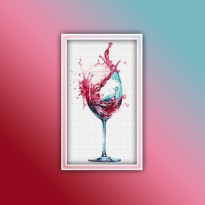 Wein-Kreuzstichmuster 8 Sofortiger PDF-Download – Weinglas-Aquarell-Kreuzstichmuster – Ein Glas Rotwein, der im Glas spritzt