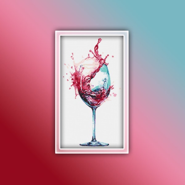 Vin motif point de croix 8 - Téléchargement instantané du PDF - Verre à vin motif point de croix aquarelle - Verre de vin rouge éclaboussant dans le verre