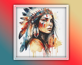 Native Indian Woman Cross Stitch Pattern 1 Instant PDF Download - Woman Watercolor Cross Stitch Pattern - Powerful Warrior Woman