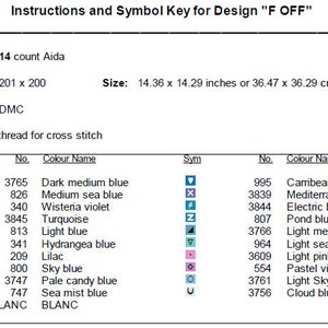 Pode incluir: Um gr&aacute;fico de ponto cruz com instru&ccedil;&otilde;es e uma chave de s&iacute;mbolos para um design chamado "F OFF". O gr&aacute;fico inclui cores de fio DMC e s&iacute;mbolos para cada cor. O design tem 201 pontos de largura por 200 pontos de altura e mede 36,47 cm por 36,29 cm.