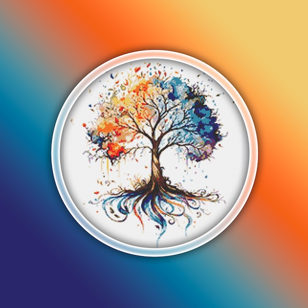 Seasons Tree Cross Stitch Pattern 2 Instant PDF Download - Seasons Tree Watercolor Cross Stitch Pattern - Colorful Tree - Multicolor Tree