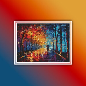 Puede incluir: Una pintura que representa a una pareja caminando bajo un paraguas en un parque, con árboles a ambos lados del camino. Los árboles de la izquierda están pintados en colores cálidos, mientras que los de la derecha están pintados en colores fríos. El camino está mojado y reflectante, y la pareja está silueteada contra la luz.
