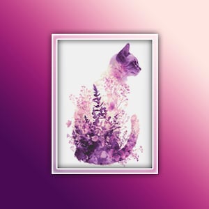 May include: A purple and white cat silhouette with a floral pattern overlay. The cat is sitting and looking to the right. The background is white.