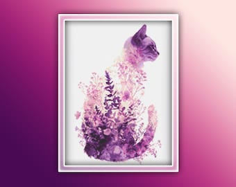 Pode incluir: Uma silhueta de gato roxo e branco com um padrão floral sobreposto. O gato está sentado e olhando para a direita. O fundo é branco.