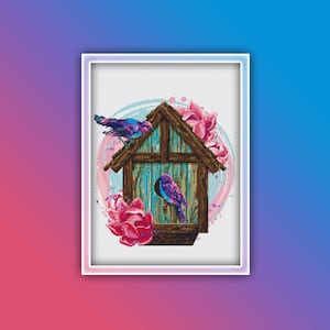 Bird House Cross Stitch Pattern 2 Instant PDF Download - Bird Watercolor Cross Stitch Pattern - Birds Cross Stitch Pattern