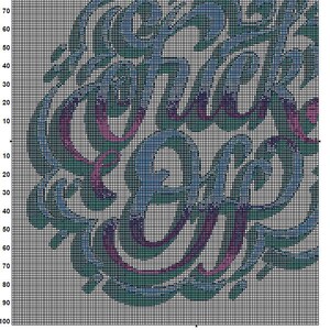 Pode incluir: Um padr&atilde;o de ponto cruz com um design em espiral em tons de azul, verde e roxo. O padr&atilde;o est&aacute; sobre um fundo de grade branca.