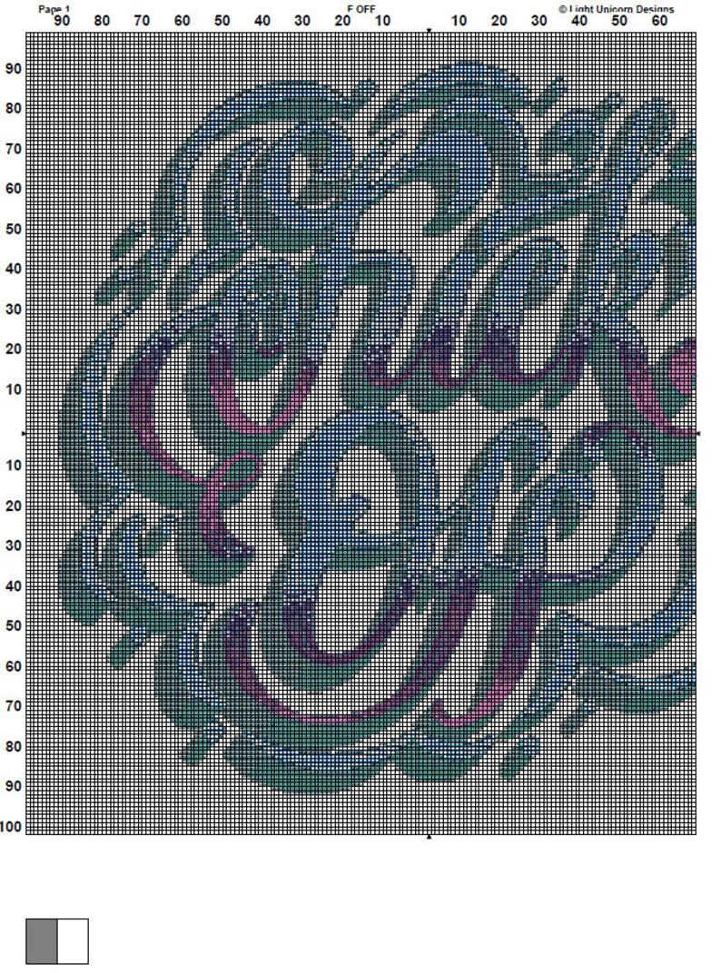 Pode incluir: Um padr&atilde;o de ponto cruz com um design em espiral em tons de azul, verde e roxo. O padr&atilde;o est&aacute; sobre um fundo de grade branca.