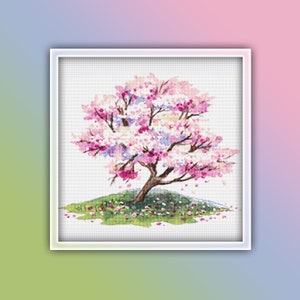 Modèle de point de croix arbre en fleurs de cerisier 1 Téléchargement instantané en PDF - modèle de point de croix aquarelle arbre de sakura