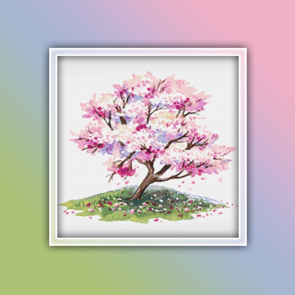 Kirschblüten Baum 1 Kreuzstichmuster Sofort PDF Download - Sakura Baum Aquarell Kreuzstichmuster