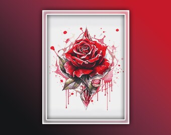 Red Rose Cross Stitch Pattern 4 Instant PDF Download - Rose Watercolor Cross Stitch Pattern - Single Red Rose Tattoo Design