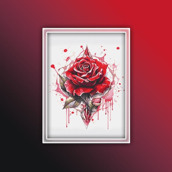 Red Rose Cross Stitch Pattern 4 Instant PDF Download - Rose Watercolor Cross Stitch Pattern - Single Red Rose Tattoo Design