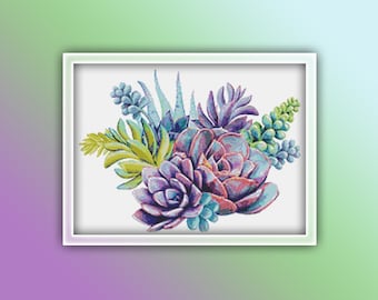 Succulents Cross Stitch Pattern 1 Instant PDF Download - Succulents Watercolor Cross Stitch Pattern