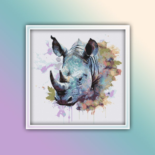 Rhino Cross Stitch Pattern 1 Instant PDF Download - Rhinoceros Watercolor Cross Stitch Pattern - White Rhino Cross Stitch Pattern