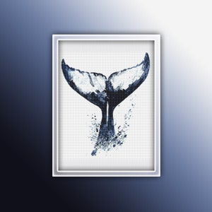 May include: A watercolour painting of a blue whale tail splashing in the water. The tail is painted in shades of blue and grey, with white highlights. The water is depicted with white splashes.