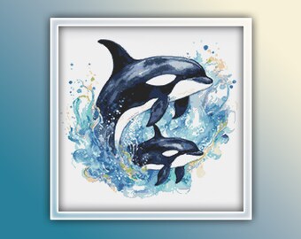 Orcas Cross Stitch Pattern 2 Instant PDF Download - Killer Whales Watercolor Cross Stitch Pattern - Animal Cross Stitch Pattern