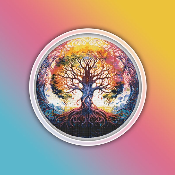 Celtic Tree of Life Cross Stitch Pattern 4 Instant PDF Download - Tree Watercolor Cross Stitch Pattern - Rainbow Tree