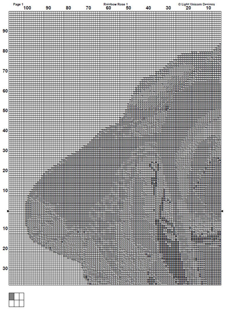 May include: A black and white pixel art pattern of a rose. The pattern is on a grid with numbers along the top and side. The pattern is for cross-stitch.