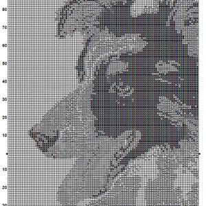 Op de afbeelding: Zwart-witte kruissteekpatroon van de kop van een Border Collie-hond. Het patroon bevindt zich op een raster met nummers aan de bovenkant en zijkant.