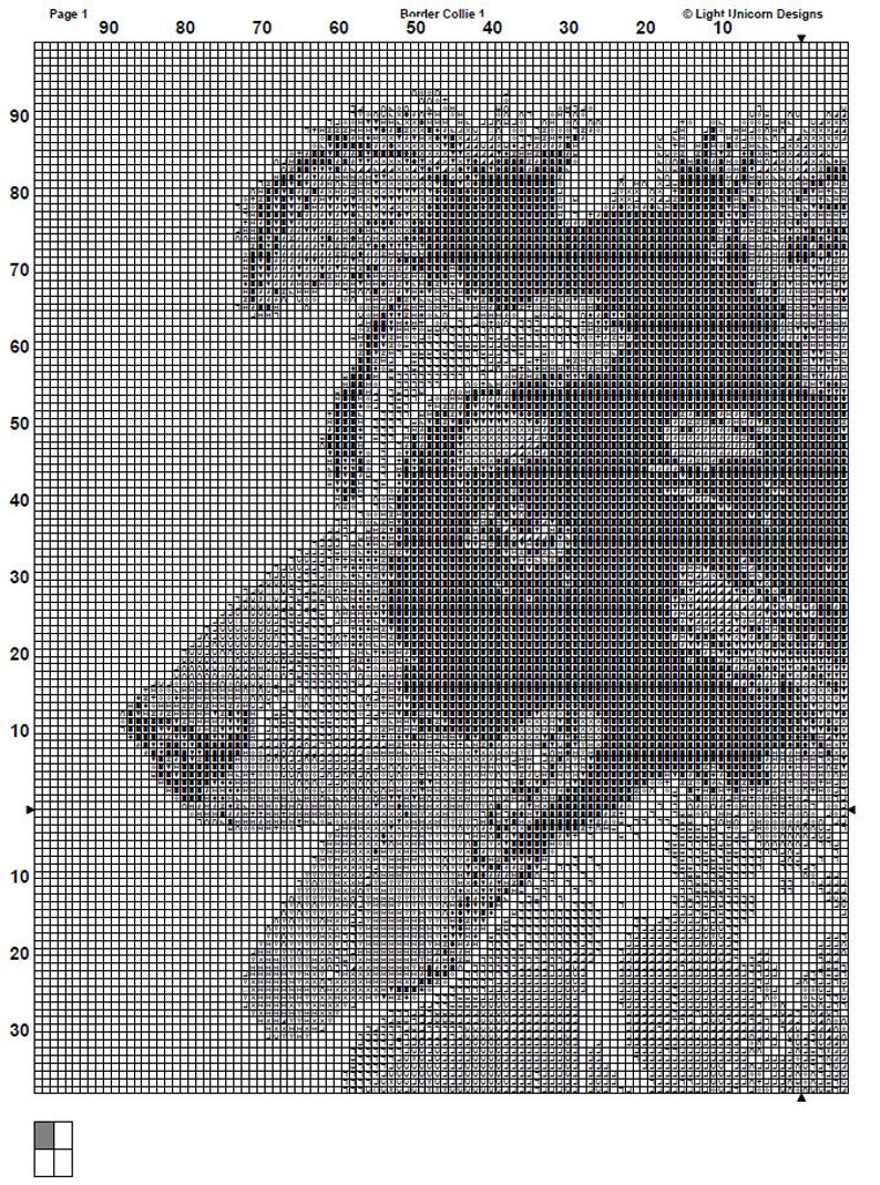 Op de afbeelding: Zwart-witte kruissteekpatroon van de kop van een Border Collie-hond. Het patroon bevindt zich op een raster met nummers aan de bovenkant en zijkant.