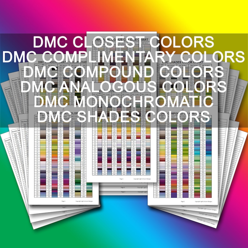 Puede incluir: Un conjunto de cartas de colores para hilo de bordar DMC. Las cartas muestran diferentes combinaciones de colores, incluyendo los m&aacute;s cercanos, complementarios, compuestos, an&aacute;logos, monocrom&aacute;ticos y tonos.